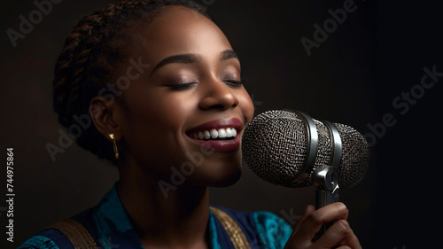 Young African American jazz singer singing with microphone