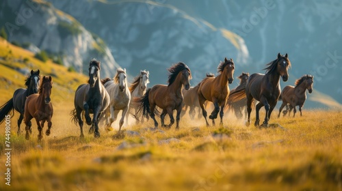 a herd of wild horses running through a mountainous landscape. The movement of the horses and the rugged terrain should create a dynamic bokeh effect ,