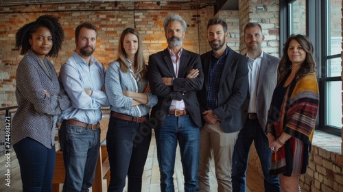 A team of seven business people in a rustic brick-walled office. They are all looking at the camera with a sense of accomplishment