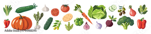 Set of different vegetables. Collection of healthy vegan and vegetarian food icons. Natural organic products. Simple flat style vector hand drawn illustrations isolated on transparent background.
