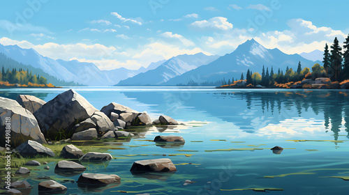 Present a serene lake scene with stones and a distant mountain reflection.