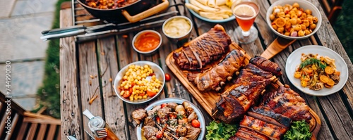 Smoky barbecue spread variety of meats glistening with sauce rustic wooden table outdoor setting vibrant side dishes warm inviting ambiance