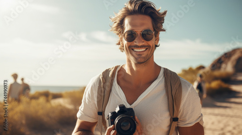 A handsome, happy, smiling Male Traveler wearing a white T-shirt and sunglasses, holding a camera, looks into a cave in the mountains. Travel, Hiking, Vacations, Summer concepts.