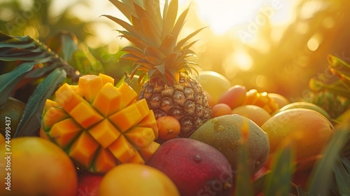 Close-up of exotic tropical fruit feast, vibrant mangoes, pineapples, papayas under golden sunlight