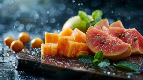 Freshly cut exotic fruits, papaya, guava, and kumquat, on a wooden board, morning dew highlighting freshness