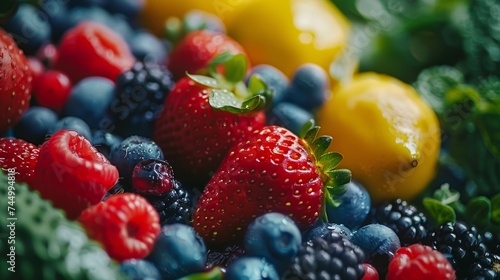 Vibrant close-up of a healthy mix of fruits and vegetables, emphasizing the variety of natures palette