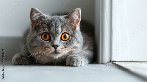 A gray cat with orange eyes sitting on the floor. Generative AI.