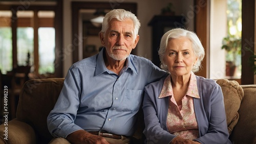 senior couple sitting at home, on sofa, realistic photography, photo, professional look, realistic lighting, day,