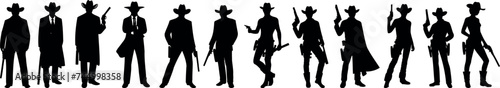 Cowboy silhouette, western, iconic figures, diverse cowboy poses, actions, thematic designs