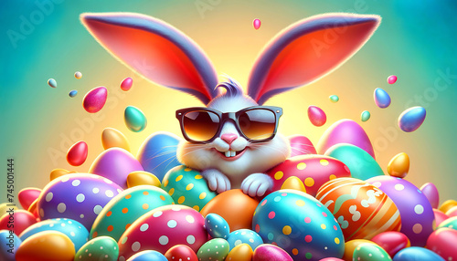 The image features an exuberant rabbit with large,colorful ears and sunglasses,nestled playfully among a multitude of decorated Easter eggs with some eggs floating in the air with copy space.AI genera