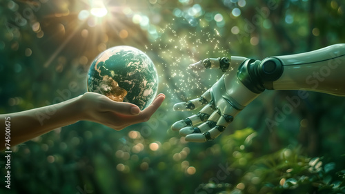 Human hands and robot hands holding the planet earth. help each other to take care of the world