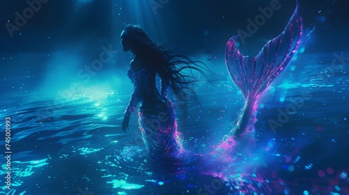 A mythical being resembling a neon infused mermaid dwelling in the depths of the ocean