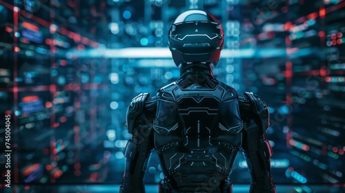 Futuristic cyber warrior standing guard over a network symbolizing active defense against cyber threats