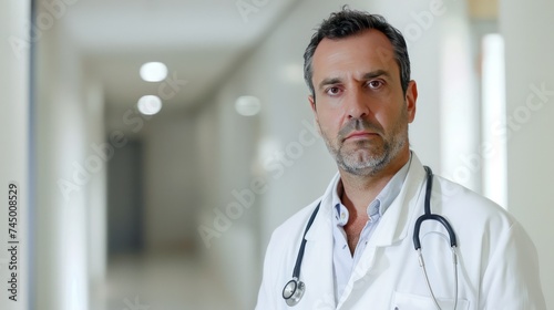 In a hospital setting, a proficient doctor, identifiable by his stethoscope, offers comprehensive medical services and attends to the needs of patients.