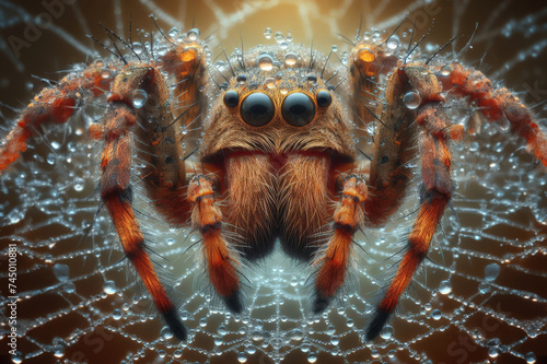 Macro picture of a spider with a web with large eyes and paws.