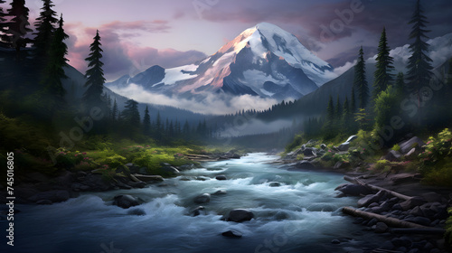 Serenity's Symphony: A Majestic View of a River, Forest, and Mountain Landscape under the Twilight Sky