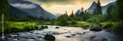 Serenity's Symphony: A Majestic View of a River, Forest, and Mountain Landscape under the Twilight Sky