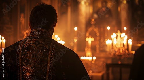 An orthodox priest or monk before the althar in an orthodox church