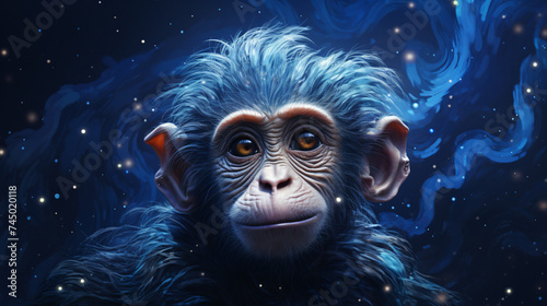 Cosmic Primate A Blue Monkey Amidst the Starry