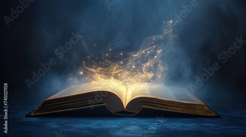Fantasy and literature concept. 3D style Illustration of magical book with fantasy stories inside it. The concept for World Book Day background with copy space area for text. Happy World book day. 
