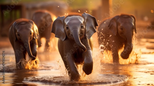 Baby elephants play in the puddle. It conveys cuteness. and purity