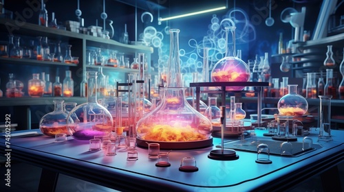 medical pharmaceutical science research concept, featuring a dynamic composition of laboratory elements against a carefully chosen backdrop, highlighted by symbolic representations