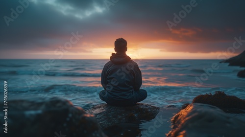 Solitary figure meditating on a serene beach at sunset, finding peace and tranquility in the embrace of nature's beauty. 