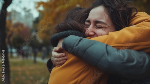 Reunited and it feels so good: heartfelt hug between two friends in an autumnal park, a moment of joy and comfort in the fall season. 