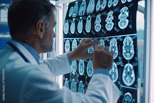 A doctor or physician takes care of a patient at the hospital, reviewing a brain X-ray picture