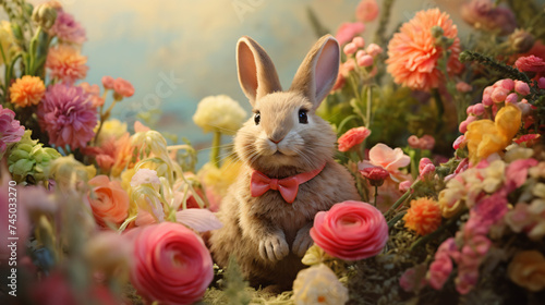 easter bunny with flower stoy rabbit in the garden
