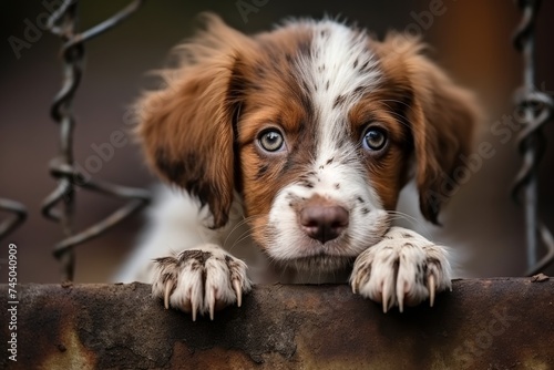 Portrait of a cute stray puppy who leans his paws on a rusty piece of iron and looks with sad eyes