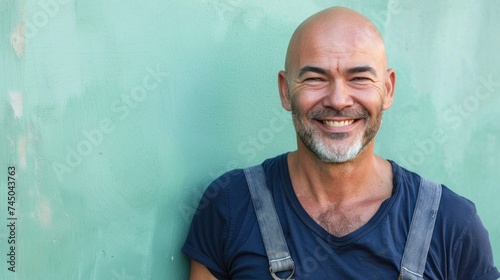 Smiling bald man with gray beard wearing blue t-shirt and suspenders standing against green wall.
