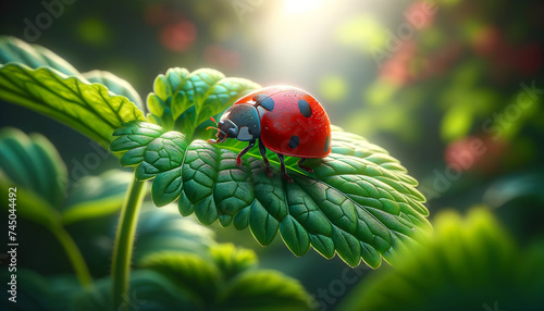 This image shows a ladybug on a vibrant green leaf with a soft-focus background, illuminated by a sunlight glow, symbolizing nature's delicate balance.Animals behaving concept.AI generated.