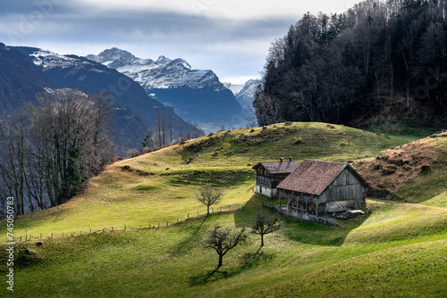 Idyllisch gelegener Bauernhof in den Alpen, Seelisberg, Uri, Schweiz