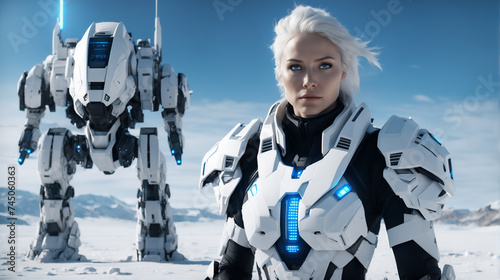 Portrait of female mech pilot on a plain in winter time, in front of white mech warrior. - Generative AI