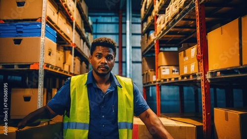 Warehouse Worker collects cardboard Boxes and Parcels on the Shelf
