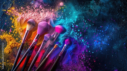 A striking top view of colorful makeup brushes and powders artistically arranged with copy space.