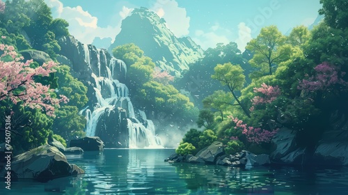 Mountain River with, forest landscape. Tranquil waterfall scenery in the middle of green forest