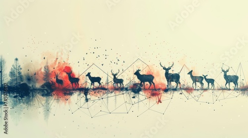 An artistic representation of a deer herd moving through a misty, watercolor-washed landscape with splashes of vibrant red.