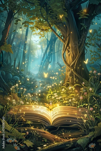 fantasy illustration. a unique book opens the gates to magical worlds where talking animals, glowing forests and mysterious adventures are waiting to be discovered