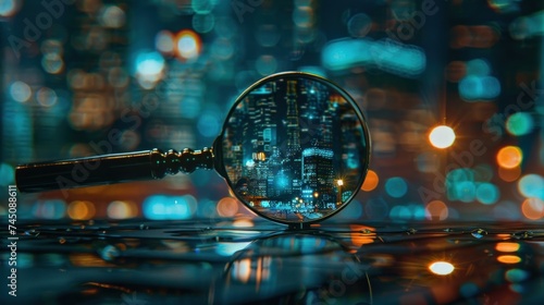 Magnifying Glass Over Cityscape