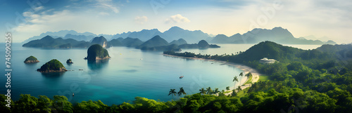  Panoramic Landscape of Ocean, Mountains, and the Serene Islands of Phuket, Thailand under a Blue Sky