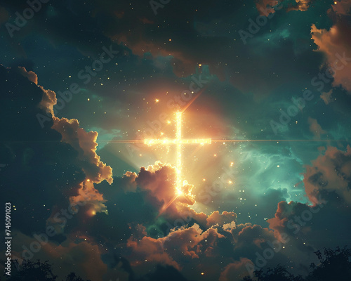 Create a serene and ethereal artwork featuring a glowing cross of Jesus against a captivating sky backdrop illuminated by holy light