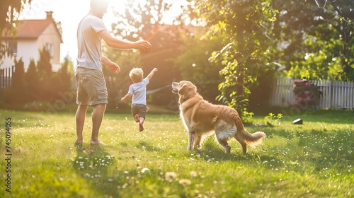 Handsome Father and Son Play Catch With Loyal Family Friend Golden Retriever Dog. Family Spending Time Together Training Dog. Sunny Day Idyllic Suburban Home Backyard. 