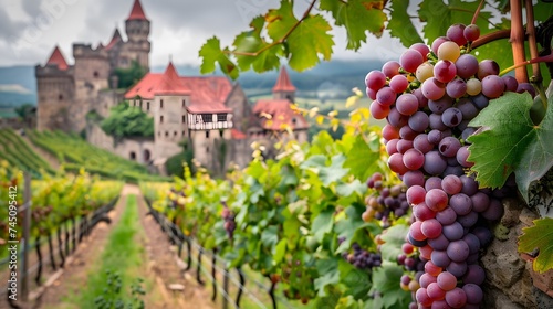 Medieval Castle Overlooking Vineyards with Ripe Grape Bunches. The medieval castle overlooking the vineyards exudes a sense of grandeur and history.