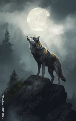 A carnivore dog breed howls at the moon from atop a rock, under a dark sky