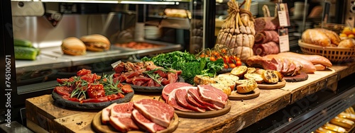 meat cuts selection displayed in wooden ray at a butcher