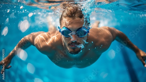 professional swimmer underwater in abyss isolated on blue background 