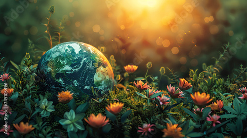 Green planet, World environment and safe nature earth day concept, eco friendly ecology Background with light and flowers , AI Generation