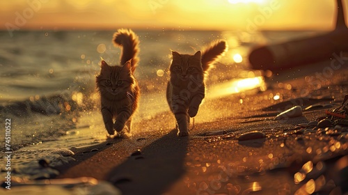 Under the setting sun, Two cats run freely on the beach